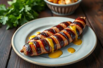 Sült kolbász mustárral, friss petrezselyem és köret mellett