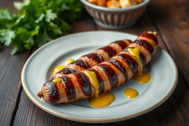 Sült kolbász mustárral, friss petrezselyem és köret mellett