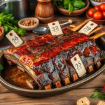 Sült oldalas körettel és fűszerekkel, árkalkulációs címkékkel.