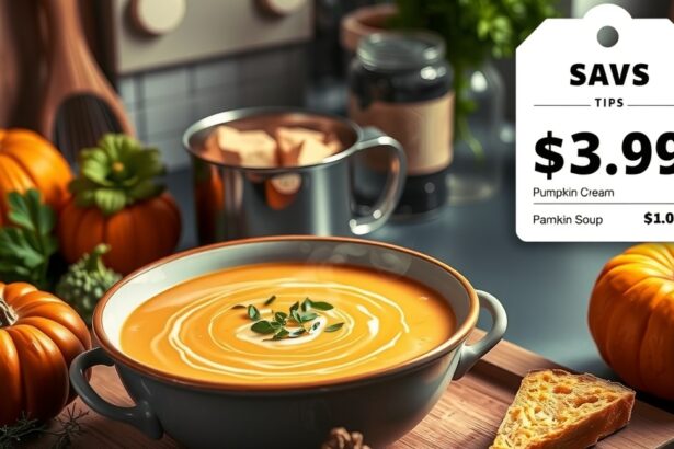 Sütőtök krémleves, dekoratív tálban, háttérben tökök és hozzávalók.