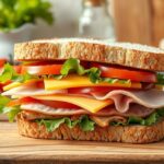 Házilag készült szendvics friss zöldségekkel és sajtokkal.