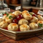 Friss szilvás gombócok tálon, árakkal megjelölve.