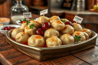 Friss szilvás gombócok tálon, árakkal megjelölve.