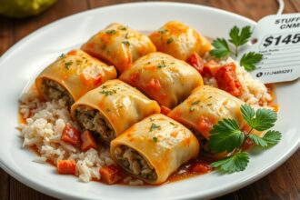 Töltött káposzta tál rizs mellett, étterem árszámmal