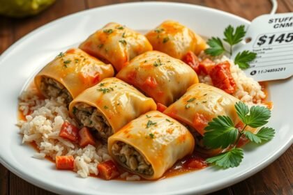 Töltött káposzta tál rizs mellett, étterem árszámmal