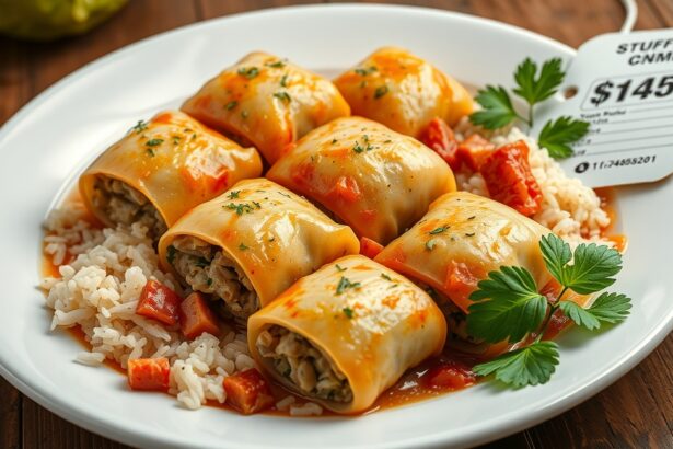 Töltött káposzta tál rizs mellett, étterem árszámmal