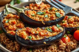 Töltött padlizsán friss fűszerekkel és zöldségekkel.