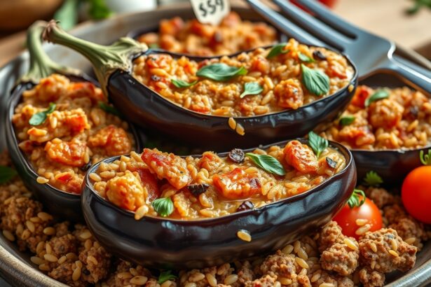 Töltött padlizsán friss fűszerekkel és zöldségekkel.