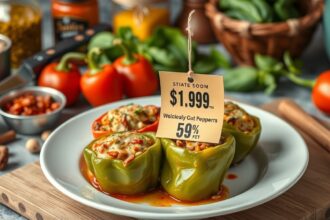 Töltött paprika tálalva, árkategóriával és friss zöldségekkel.