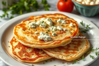 Házi túrós palacsinta friss fűszerekkel és paradicsommal a tányéron.