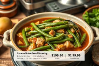 Finom zöldbabfőzelék egy tányéron, zöldségek és fűszerek kíséretében.