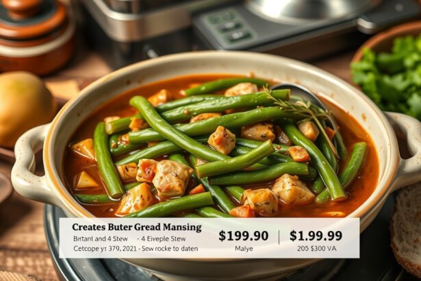 Finom zöldbabfőzelék egy tányéron, zöldségek és fűszerek kíséretében.