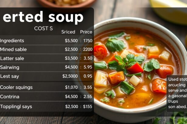 Friss zöldségleves tálalva, költségsorokkal