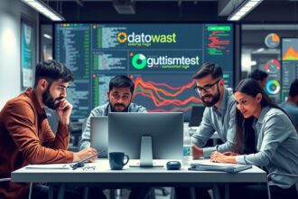 Csapat adatbázis fejlesztésével foglalkozik, számítógép előtt ülve.