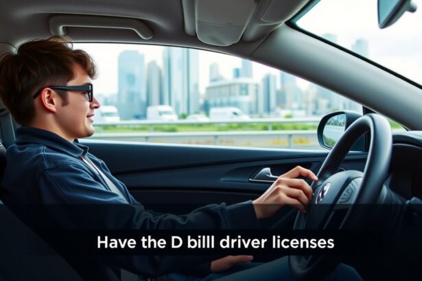 Fiatal férfi autót vezet egy modern városi környezetben.