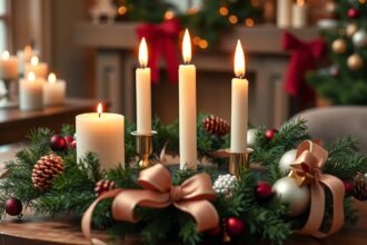 Karácsonyi adventi koszorú gyertyákkal és díszekkel