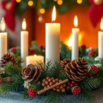 Gyönyörű adventi koszorú gyertyákkal és díszítésével.