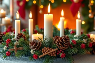 Gyönyörű adventi koszorú gyertyákkal és díszítésével.