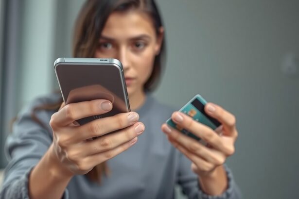 Nő bankkártyáját tartja a kezében, telefonját használva.