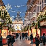 Adventi vásár Bécsben karácsonyi díszekkel és emberekkel.