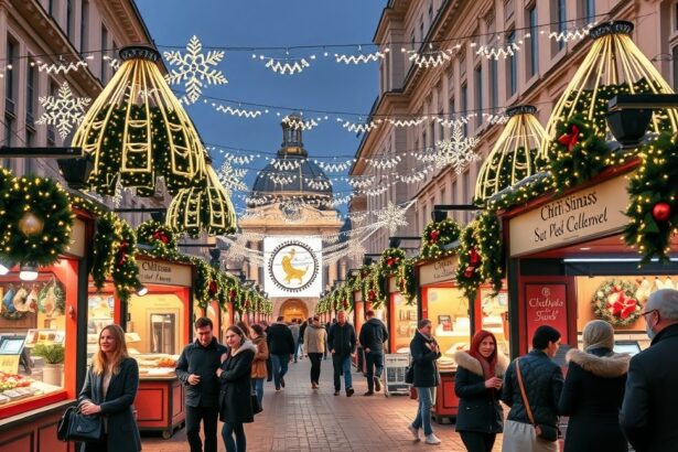 Adventi vásár Bécsben karácsonyi díszekkel és emberekkel.