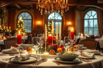 Elegáns adventi vacsora asztal ünnepi díszítéssel és gyertyákkal