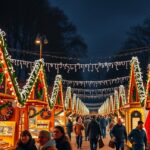 Karácsonyi fényekkel díszített adventi vásár utcája