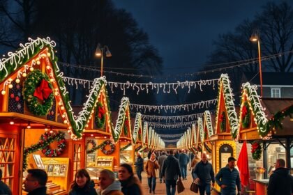 Karácsonyi fényekkel díszített adventi vásár utcája