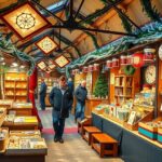 Adventi vásár belső részlete, árusító standok és látogatók