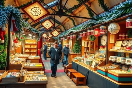 Adventi vásár belső részlete, árusító standok és látogatók