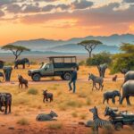 Afrikai szafari látványa elefántokkal és zebrákkal