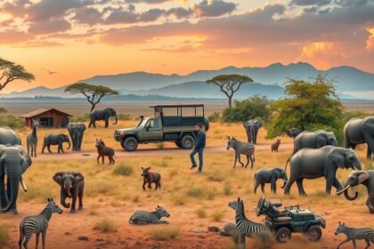 Afrikai szafari látványa elefántokkal és zebrákkal