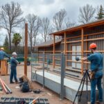 Agility pálya építése, munkások a területen, eszközök és fák a háttérben.