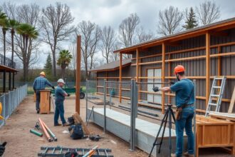 Agility pálya építése, munkások a területen, eszközök és fák a háttérben.