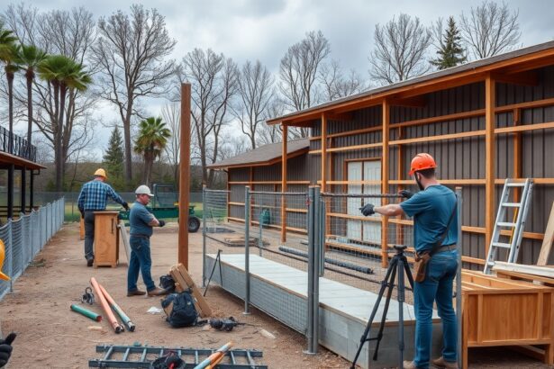 Agility pálya építése, munkások a területen, eszközök és fák a háttérben.