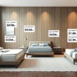 Modern hálószoba ágykeretekkel és matracokkal az árak feltüntetésével.