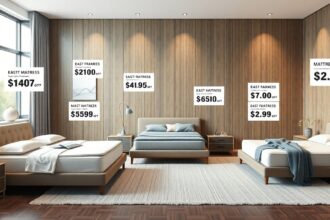 Modern hálószoba ágykeretekkel és matracokkal az árak feltüntetésével.