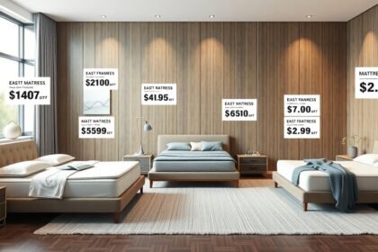 Modern hálószoba ágykeretekkel és matracokkal az árak feltüntetésével.