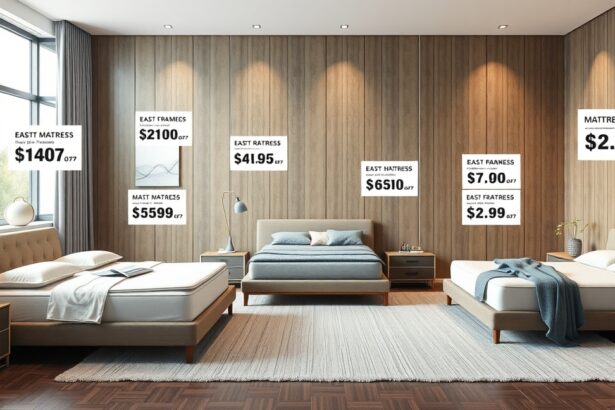 Modern hálószoba ágykeretekkel és matracokkal az árak feltüntetésével.
