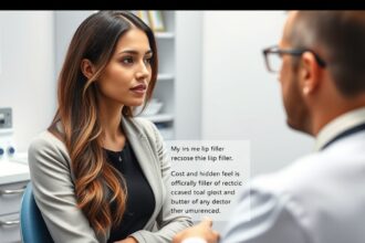 A nő ajakfeltöltés konzultációra vár egy orvossal.