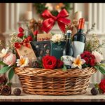 Elegáns ajándékcsomag borral és édességekkel, virágokkal díszítve.