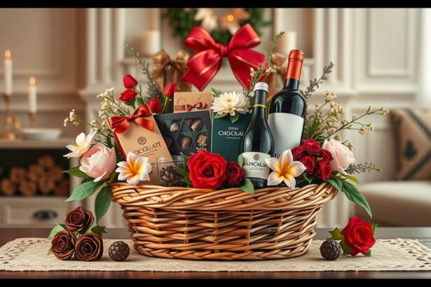 Elegáns ajándékcsomag borral és édességekkel, virágokkal díszítve.