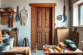 Fa ajtó a felújításhoz szükséges eszközökkel egy műhelyben.