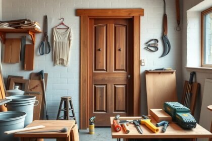 Fa ajtó a felújításhoz szükséges eszközökkel egy műhelyben.