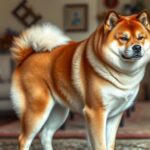 Egy akita kutya a nappaliban, felnőtt méretben.