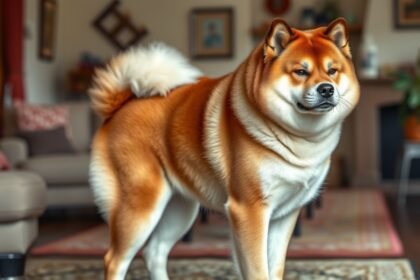 Egy akita kutya a nappaliban, felnőtt méretben.