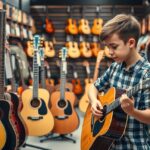 Egy fiú akusztikus gitárt játszik egy hangszerboltban.