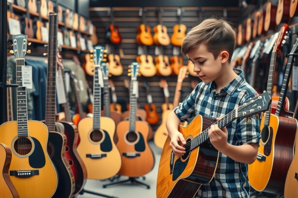 Egy fiú akusztikus gitárt játszik egy hangszerboltban.