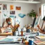 Akvarellfestés tanfolyam résztvevői alkotnak műhelyben.