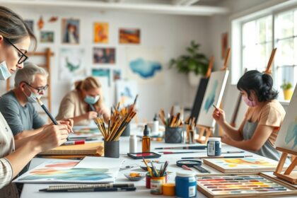 Akvarellfestés tanfolyam résztvevői alkotnak műhelyben.